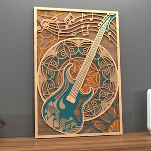 Mandala da parete a strati con chitarra elettrica in formato SVG, file di taglio laser con note musicali, decorazione da parete in legno 3D con chitarra, musa fluente