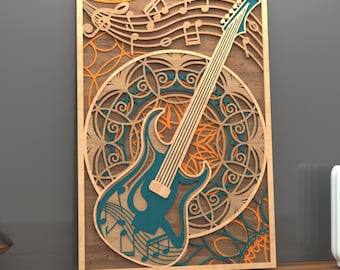 Electric Guitar Mandala Layered Wall Art SVG, Music Notes Laser Cut File, 3D Wooden Guitar Wall Decor, Flowing Muse