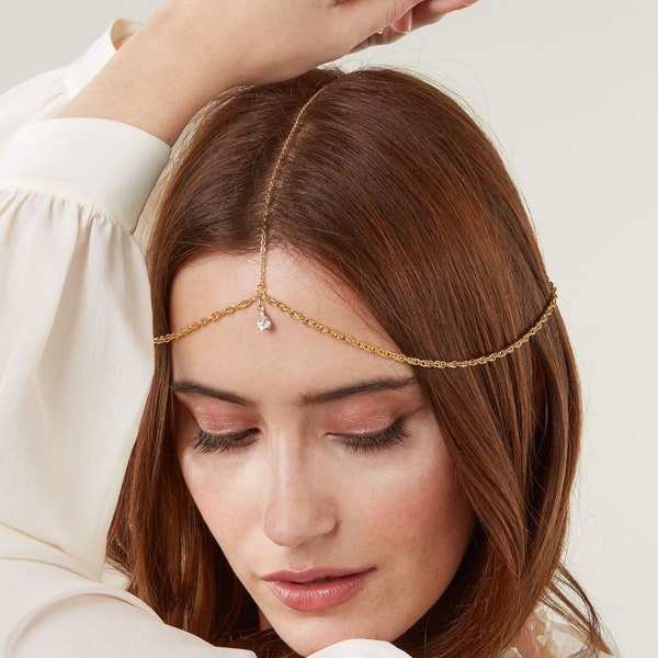 Coiffe de mariée bohème | Chaîne de tête de festival | Chaîne de tête Halo | Couronne chaîne en or | Bijoux de cheveux art déco | Coiffure de mariage hippie