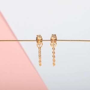 May include: A pair of gold chain earrings with small round balls at the top. The earrings are hanging from a gold wire.