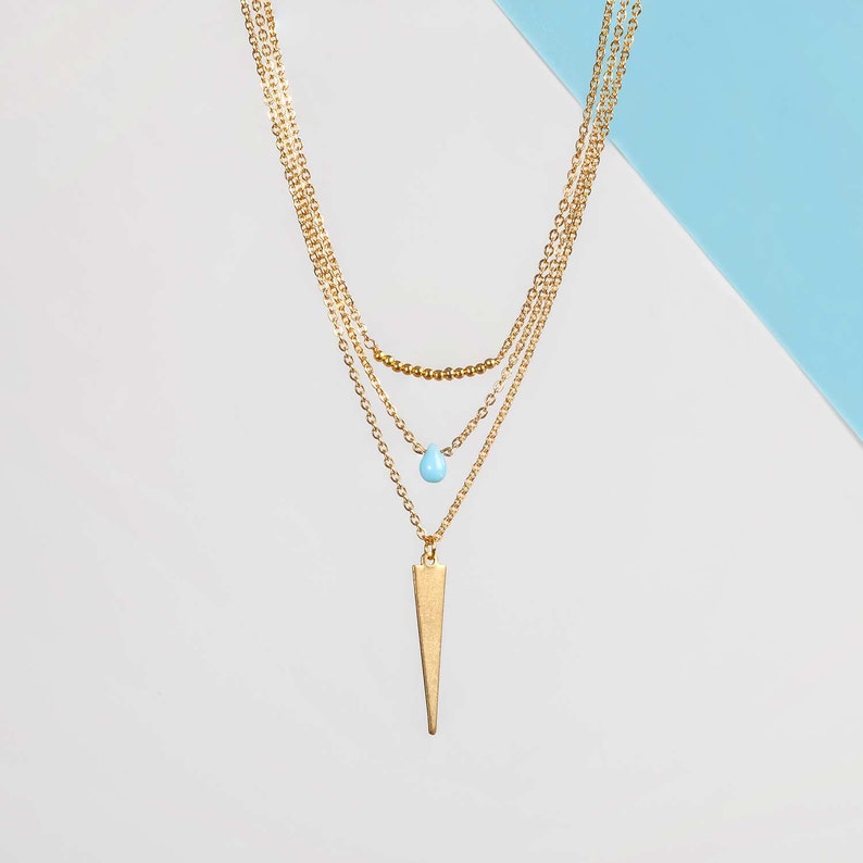 Gold Multi Strand Necklace Layered necklace Multi Chain necklace Delicate waterfall necklace Simple minimalist gold turquoise image 1