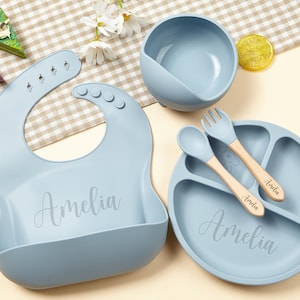 Personalized Silicone Weaning Set,Cartoon Weaning Set for Toddler Baby Kids,Feeding Set with Name,Baby Plate,Baby Shower Gift for Boy & Girl