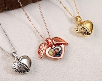 Personligt ängelvingehalsband med anpassat foto, hjärtformat hänge, halsband med dolt foto, mors dag-present, presenter till mamma/henne