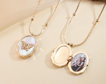 Custom Butterfly Shell Photo Locket Necklace,Photo Locket Necklace,Butterfly Necklace,Memorial Jewelry,Mother's Day Gift,Sister Gift for Her