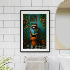 Whimsical Raccoon Toilet Art for Fun Bathrooms - Printable Poster, Kids Wall Decor, Humorous Animal Print