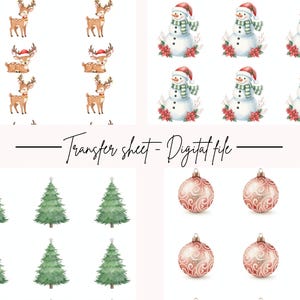 Puede incluir: Una hoja de transferencia digital con ilustraciones en acuarela de elementos navideños. Incluye renos, muñecos de nieve, árboles de Navidad y adornos. También está presente el texto "Transfer sheet - Digital file".