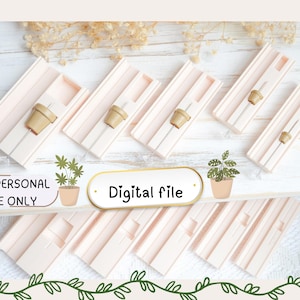 May include: A collection of light pink rectangular trays, each containing a small, tan-colored pot on a stick. The image includes the text "Digital file" and "For personal use only". Decorative sprigs and potted plants are also present.