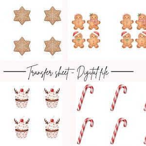 Op de afbeelding: Een digitale transfervel met verschillende kerstillustraties. De afbeeldingen omvatten peperkoekenmannetjes, sneeuwvlokkoekjes, cupcakes met rendiergeweien en rood-witte zuurstokken. De tekst "Transfer sheet - Digital file" is ook aanwezig.