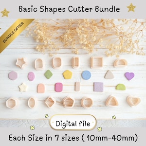 Könnte beinhalten: Eine Sammlung verschiedener Ausstecher in Pastellfarben mit Grundformen, darunter Sterne, Ovale, Quadrate und Herzen. Das Bild enthält den Text "Basic Shapes Cutter Bundle" und "Digital file". Jede Größe ist in 7 Größen von 10 mm bis 40 mm erhältlich.