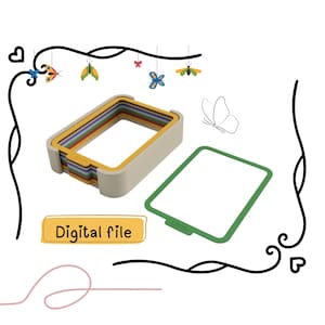 May include: A stack of colorful, rectangular containers with a beige frame, next to a green frame. The image includes a butterfly outline and hanging butterfly decorations. The text "Digital file" is in a yellow box.