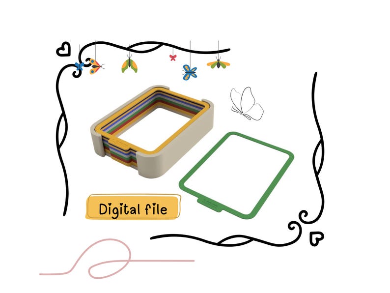 Puede incluir: Un conjunto de contenedores rectangulares coloridos con un marco beige, junto a un marco verde. La imagen incluye un contorno de mariposa y decoraciones de mariposas colgantes. El texto "Digital file" est&aacute; en un cuadro amarillo.