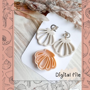 May include: Seashell-shaped earrings and a pendant in a beach theme. The earrings are white with a crystal detail, and the pendant is orange. The words "Digital file" are at the bottom of the image.