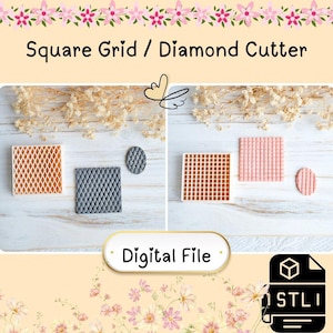 Puede incluir: Imagen de cortadores cuadrados y de diamante en varios colores, incluyendo naranja, gris y rosa. Los cortadores se muestran con diseños ovalados. También se ve el texto "Square Grid / Diamond Cutter" y "Digital File".