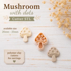 Könnte beinhalten: Ein pilzförmiger Ausstecher für Polymer Clay mit einem pfirsichfarbenen Rahmen und zwei hellbeigen Tonabdrücken mit gepunktetem Kappenmuster. Der Text auf dem Bild lautet Mushroom with dots Cutter STL, available size 20mm - 35mm, und polymer clay cutters for earrings.