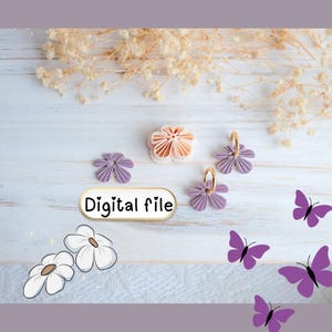 May include: A selection of floral-themed items, including earrings, a flower-shaped cutter, and individual flower designs in shades of purple and peach. The phrase "Digital file" is displayed on a white oval. Purple butterfly illustrations are also present.