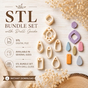May include: An assortment of beige STL earring cutters and colorful clay earrings are displayed on a light wood surface. The image includes text that reads "STL BUNDLE SET with Drill Guide" and "INSTANT DOWNLOAD".
