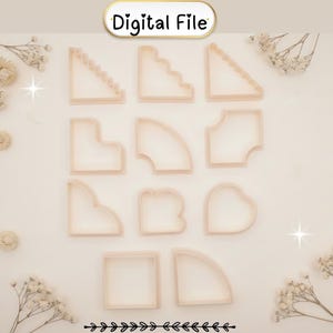 May include: A collection of light beige cookie cutters in various shapes, including triangles, squares, and hearts. The image includes the text "Digital File" in a gold oval. The cutters are arranged on a light background with floral accents.
