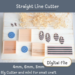 Puede incluir: Una colección de suministros para manualidades, que incluye piezas de arcilla con diseños rosas y azules, cortadores de línea recta y un gráfico de archivo digital. Se muestra el texto "Straight Line Cutter" y los detalles de tamaño. La imagen muestra herramientas para pequeños proyectos de manualidades.
