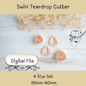 May include: A set of four swirl teardrop cutters in a light pink color, with a detailed interior design. The image includes the text "Swirl Teardrop Cutter", "Digital file", and "4 Size Set 25mm-40mm". The cutters are arranged on a light wood surface.
