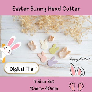 Pode incluir: Um conjunto de cortadores de biscoitos em forma de cabeça de coelho da Páscoa em várias cores pastel, incluindo rosa, verde e lavanda. A imagem inclui o texto "Easter Bunny Head Cutter", "Digital File", "7 Size Set" e "10mm-40mm". A mensagem "Happy Easter!" também está presente.