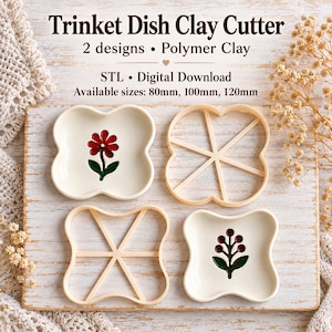 Könnte beinhalten: Schmuckschalen-Tonausstecher als digitaler Download für Polymer-Ton. Enthält zwei Designs als STL-Dateien in 80mm, 100mm und 120mm. Bestehend aus zwei cremeweißen, vierlappigen Schalen mit rot-grünen Blumenmotiven und zwei passenden beigen Ausstechern.