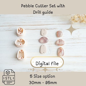 May include: A pebble cutter set with drill guide. The set includes three beige plastic cutters and six pebble-shaped stones in shades of pink, brown, and beige. The text "Digital file" is displayed on a gold oval, and the text "5 Size option 30mm - 95mm" is also visible.