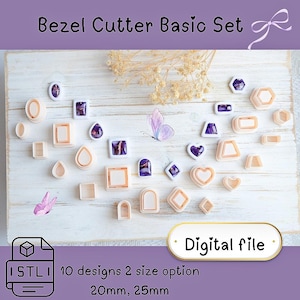 May include: A collection of bezel cutter sets in various shapes, including ovals, squares, and hearts. The set includes 10 designs with 2 size options: 20mm and 25mm. The image also features the text "Bezel Cutter Basic Set" and "Digital file".