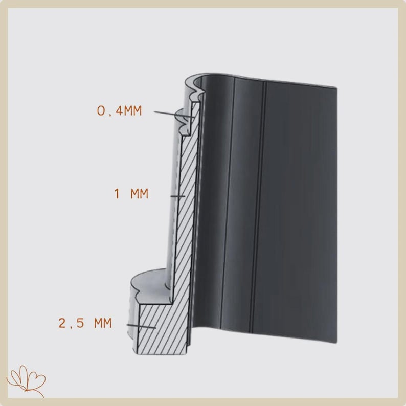 May include: A cross-section diagram of a black object with measurements labeled in millimeters. The diagram shows a layered structure with dimensions of 0.4 mm, 1 mm, and 2.5 mm. The object has a curved top and a flat, vertical side.