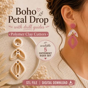 Könnte beinhalten: Ein Set aus drei weißen Kunststoff-Ausstechformen für Polymer-Ton zur Herstellung von Boho-Ohrringen. Die Formen verfügen über integrierte Bohrführungen. Der Text auf dem Bild lautet Boho Petal Drop, Polymer Clay Cutters, available 5 DIFFERENT SIZES SET, STL FILE | DIGITAL DOWNLOAD.