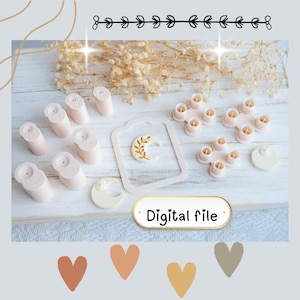 May include: A collection of light pink cookie cutters and a cookie decorated with a crescent moon and leaf design. The image also includes the text "Digital file". The cutters are arranged on a light wood surface.