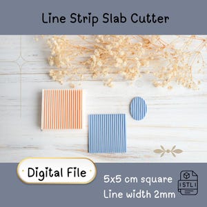 Puede incluir: Imagen de un archivo digital para un cortador de losas de tiras lineales. La imagen presenta un cuadrado melocotón, un cuadrado azul y un óvalo azul. El texto dice "Line Strip Slab Cutter", "Digital File" y "5x5 cm cuadrado, ancho de línea 2mm".