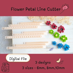 May include: A collection of beige flower petal line cutters with three different designs and three sizes: 6mm, 8mm, and 10mm. The image also shows colorful paper flowers in red, green, and blue. The text "Flower Petal Line Cutter" is at the top.