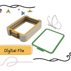 Puede incluir: Un contenedor apilable multicolor con un marco beige, un rect&aacute;ngulo blanco con marco verde y una ilustraci&oacute;n de mariposa. El texto "Digital file" se muestra en un rect&aacute;ngulo amarillo. Elementos decorativos incluyen insectos colgantes y una l&iacute;nea curva.