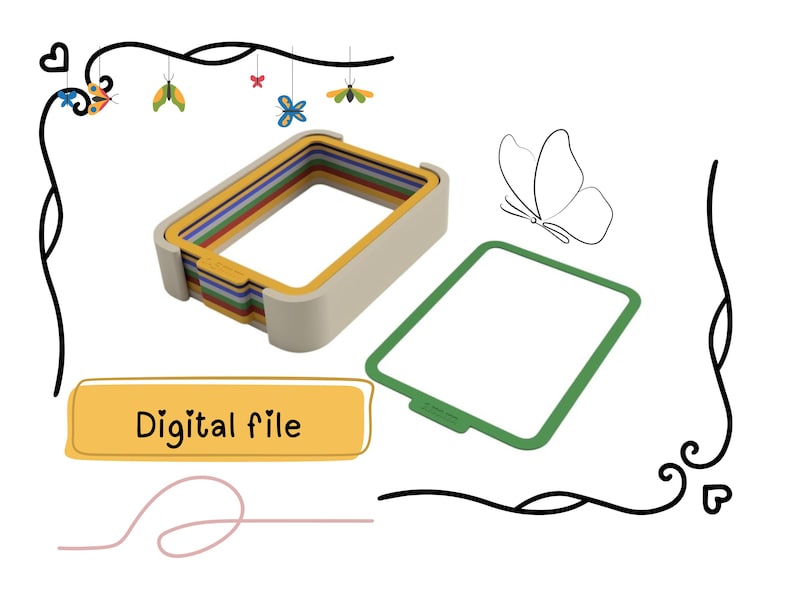 Puede incluir: Un contenedor apilable multicolor con un marco beige, un rect&aacute;ngulo blanco con marco verde y una ilustraci&oacute;n de mariposa. El texto "Digital file" se muestra en un rect&aacute;ngulo amarillo. Elementos decorativos incluyen insectos colgantes y una l&iacute;nea curva.