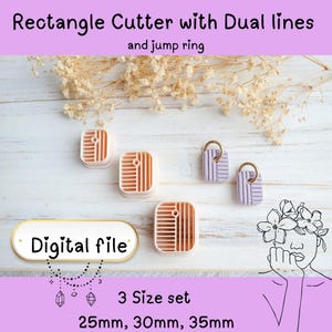 Puede incluir: Un conjunto de cortadores rectangulares con líneas dobles y anillas. El conjunto incluye tres tamaños: 25mm, 30mm y 35mm. La imagen también incluye el texto "Digital file". Los cortadores son en tonos melocotón y lavanda.