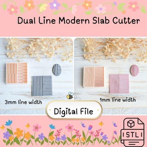 Puede incluir: Imagen de un cortador de losas moderno de doble línea. La imagen muestra ejemplos del cortador con anchos de línea de 3 mm y 1 mm. Los ejemplos son en rosa y gris. Las palabras "Digital File" también están en la imagen.