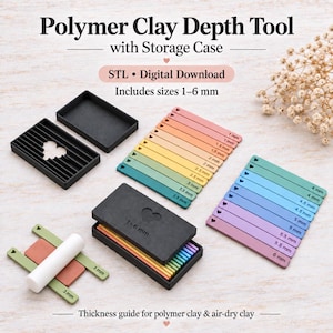 May include: A polymer clay depth tool set with a black storage case and a collection of colorful rectangular guides ranging from 1 mm to 6 mm in thickness. The set includes a black base with slots, a white roller, and labels indicating sizes.