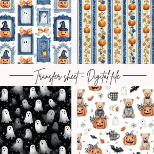 Peut inclure: Une feuille de transfert numérique avec des motifs sur le thème d'Halloween. Les motifs comprennent des fantômes encadrés, des citrouilles avec des chapeaux de sorcière et un motif à rayures avec des citrouilles.
