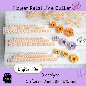 May include: Beige flower petal line cutters in three designs and sizes: 6mm, 8mm, and 10mm. The image displays colorful paper flowers in orange, yellow, and purple. The text reads "Digital file". The cutters are for crafting.