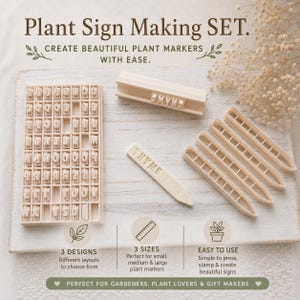 May include: A plant sign making set featuring a rectangular grid of individual letter stamps, a long handle for holding letters, and four pointed plant marker molds. One marker is embossed with the word THYME. Text includes Plant Sign Making SET.