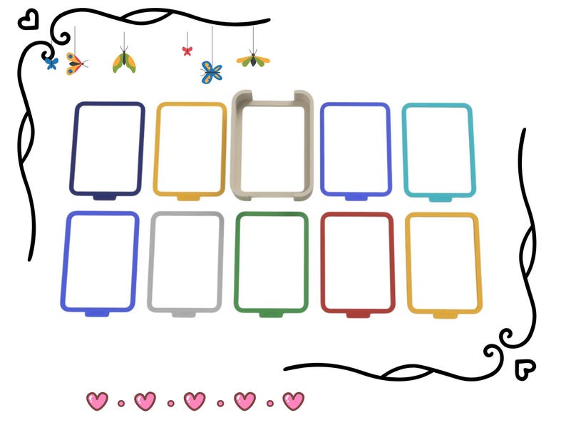 Puede incluir: Una colecci&oacute;n de cortadores de galletas rectangulares de colores, en tonos como azul, amarillo y verde. Los cortadores est&aacute;n dispuestos en una cuadr&iacute;cula, con mariposas y corazones decorativos. El dise&ntilde;o est&aacute; enmarcado con un borde negro.