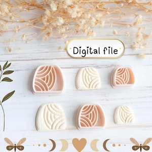 May include: A collection of six beige and pink cookie cutters with a geometric design. The cutters are in various sizes and shapes, with the text "Digital file" in a gold oval. The image is set against a light wood background with floral accents.