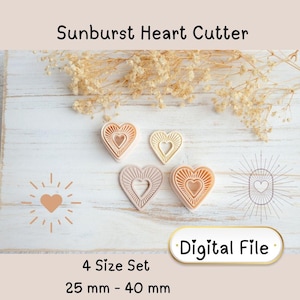 Sunburst Heart Polymer Clay Cutter STL 25–40mm – Radiating Heart Earring Cutter Digital Download