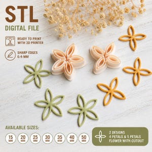 May include: An assortment of flower-shaped cookie cutters in various colors and sizes. The cutters are in shades of beige, green, and yellow. The image includes text that reads "STL DIGITAL FILE" and "READY TO PRINT WITH 3D PRINTER". Available sizes range from 15 mm to 50 mm.