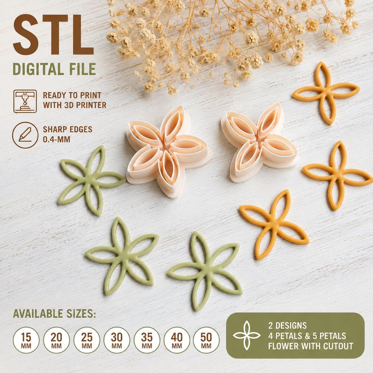 Set di tagliafiori in argilla polimerica con file STL di ritaglio / Tagliafiori a 4 e 5 petali / Tagliaorecchini in argilla / File STL per stampa 3D / 15 mm-50 mm