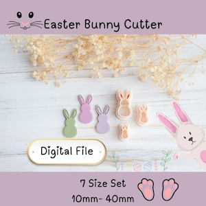 May include: A selection of Easter bunny cutters in various sizes and colours, including green, pink, and purple. The image includes the text "Easter Bunny Cutter" and "Digital File". The cutters range from 10mm to 40mm in size.