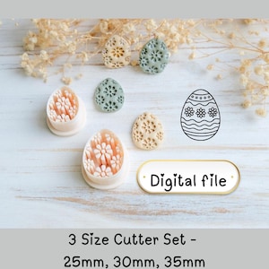 Puede incluir: Un surtido de cortadores de galletas y galletas decoradas con temática de Pascua. Los cortadores tienen forma de huevo con diseños florales, junto con galletas terminadas en beige y verde. También hay un gráfico de archivo digital.