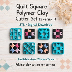Può includere: Un set di formine per argilla polimerica Quilt Square in download digitale, con due versioni di formine in plastica color ottanio e piastrelle quadrate in argilla nera, rosa e azzurra. Il testo include Quilt Square Polymer Clay Cutter Set, STL, Digital Download, Available sizes: 20 mm-35 mm e Polymer clay cutters for earrings.