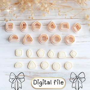 May include: A collection of light pink cookie cutters in various geometric shapes, including squares, ovals, and pentagons. The image also shows the cut-out cookies in the same shapes. The text "Digital file" is displayed in a gold rectangle.