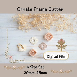 Puede incluir: Conjunto de seis cortadores de marcos ornamentados en crema y melocotón, con un acento dorado. Tamaños de 20mm a 45mm. La imagen incluye el texto "Ornate Frame Cutter" y "Digital File".